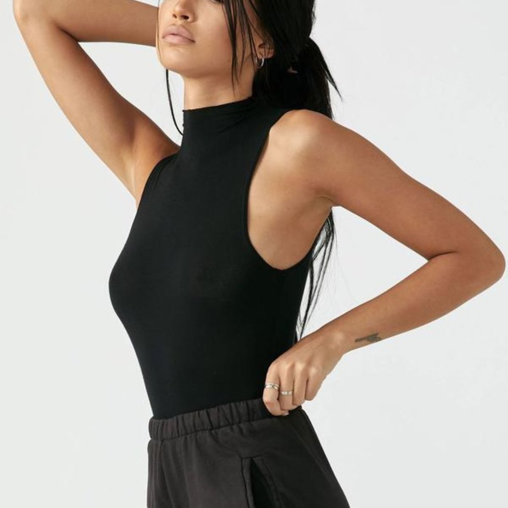 Joah Brown Black Mock Neck Tank